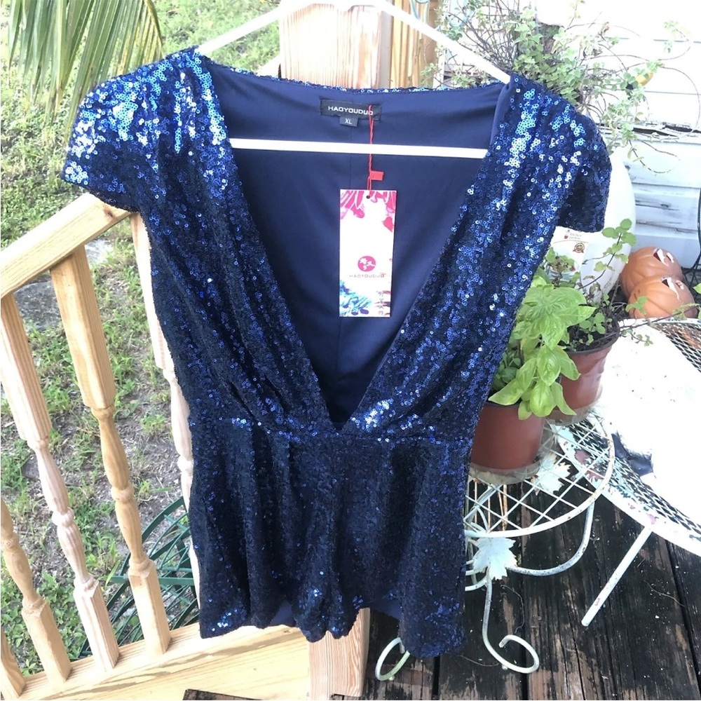 Haoyouduo Blue Sequin Romper Sz L XL Plunging Neckline Cap Sleeve Tap Shorts